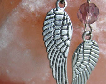 Angel Wing Earrings, Antiqued Silver Finish with Amethyst glass