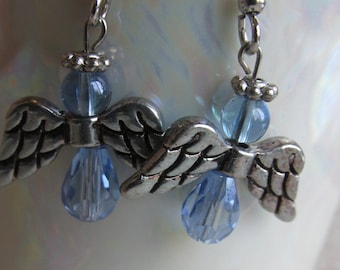 Angel Earrings, Antiqued Silver Finish Wings, Light Blue Crystal Glass, Angel Wing Earrings