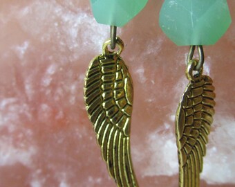 Angel Wing Earrings, Antiqued Gold Finish with Green Jade Glass Bead