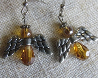 Angel Earrings, Antiqued Silver Finish Wings, Amber Crystal Glass, Angel Wing Earrings