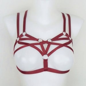 May include: A burgundy lingerie harness with silver metal rings. The harness has multiple straps that crisscross over the chest and shoulders.