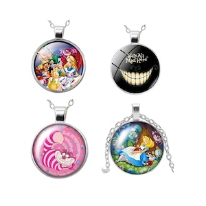 Alice in Wonderland Glass Charm Necklace Pendant Cheshire Cat All Mad Here