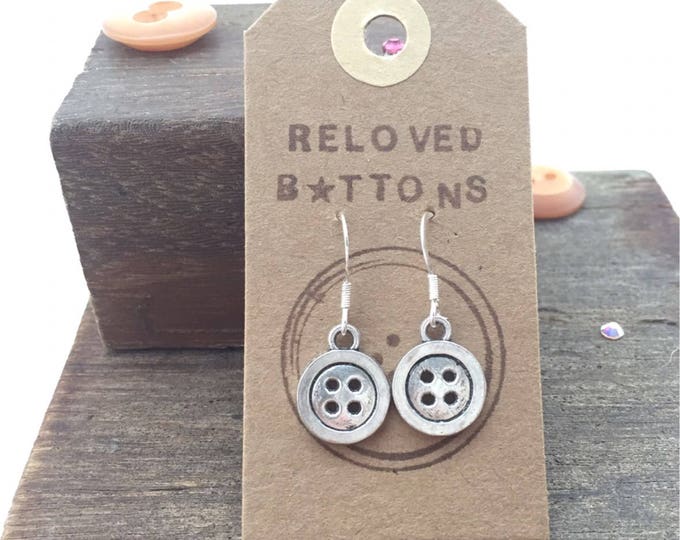 Button earrings, silver button earrings, earrings button, quirky earrings, sewing earrings, fun gifts for her, fun earrings, silver hooks,