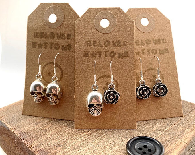 Day of the dead earrings, day of the dead jewelry, day of the dead, skull earrings, skull drop earrings, silver skull earrings, halloween,