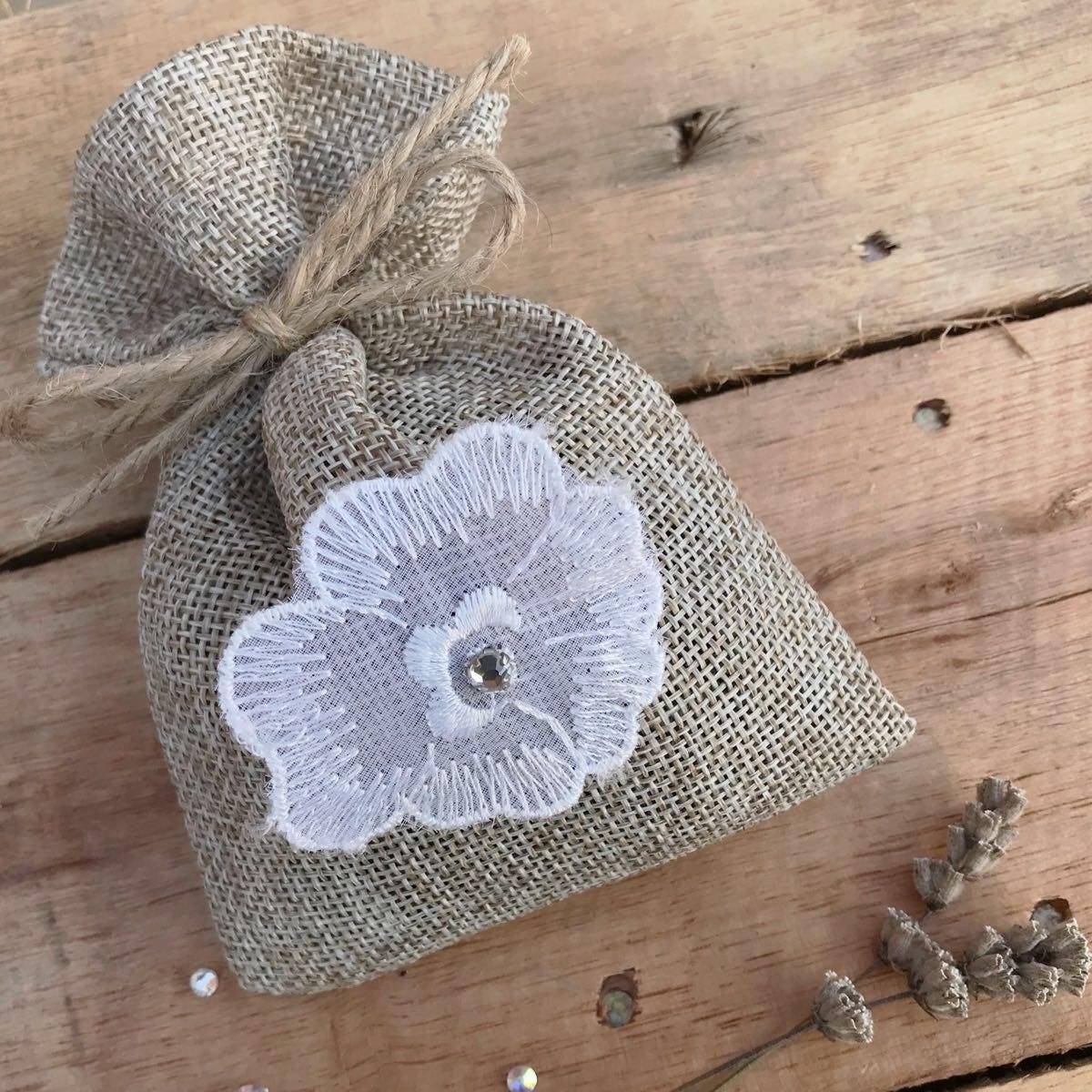 Jute hessian scented lavender bag white vintage floral applique