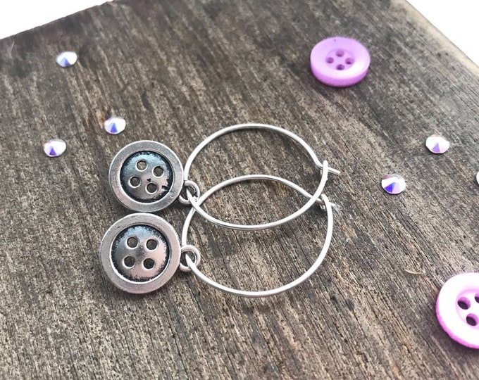 Hoop charm earrings, handmade hoop earrings, hoop earrings with charm, charm earrings hoops, button earrings, sterling silver hoop earrings,