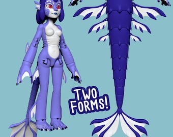 Puede incluir: Un personaje de sirena azul y blanco con una cola larga y aletas. El personaje tiene un cuerpo superior humano y un cuerpo inferior de pez. El texto "¡DOS FORMAS!" está escrito en blanco sobre un fondo azul.