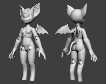 May include: A gray, articulated figurine of a bat-like creature with large ears, wings, and a tail. The figure has a smiling face and is posed with arms and legs extended. The image shows the front and back of the figurine.