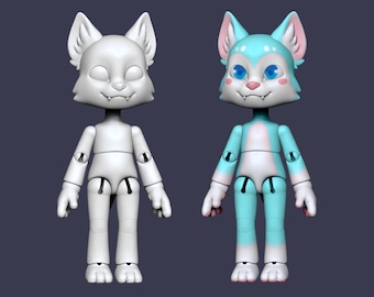 May include: A white and blue articulated toy figure of a wolf with pink accents. The toy has a smiling face with blue eyes and a pink nose. The toy is standing with its legs slightly apart and its arms at its sides.