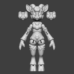 May include: A 3D-printed articulated doll of a ram-like creature, with a detailed design featuring curly wool-like textures and jointed limbs. The doll has a whimsical appearance with large eyes, horns, and two removable faceplates.