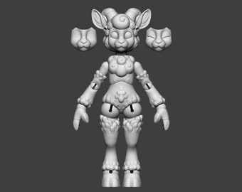 May include: A 3D-printed articulated doll of a ram-like creature, featuring a detailed design with curly wool-like textures and jointed limbs. The doll has a whimsical appearance with large eyes, horns, and two removable faceplates.