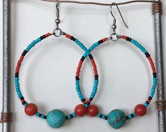 Gypsy Hoops in Turquoise Magnesite and Red Coral