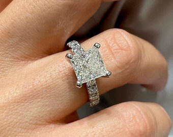3.5 Carat Diamond Ring Engagement Ring, IGI Certified, F Color VS2 Clarity, 14K White Gold, Pave Setting, Princess Cut, Lab Grown Diamonds