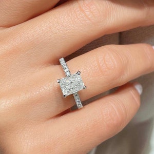 Elongated Diamond Engagement Ring, 14K White Gold, 1.8 Carat Radiant Shape, Pave Diamond Ring, Pave Ring, Radiant Shape, diamond ring image 1