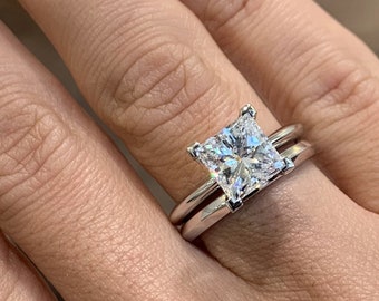 2 Karat Echter Diamant Set Verlobungs- & Eheringe Princess Cut Stil 14K Weißgold