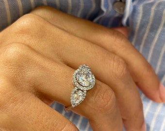 2.5 Carat Three Stone Diamond Engagement Ring, IGI Certified, 14K White Gold, E VS2 Quality, Unique Setting, Lab Grown Diamond Proposal Ring