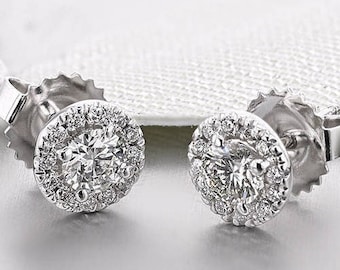 Diamond Stud Earrings, 14k White Gold, Natural Diamonds, Gold Earrings, Halo Stud Earrings, Minimal Earrings, Everyday Earrings, 0.70 Carat