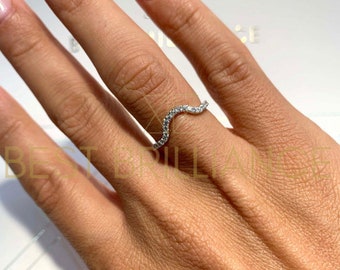 Diamond Anniversary Ring, 14k Solid Gold, Natural Round Pave Diamonds, Curved Wedding Band, Minimalist Jewelry, Anniversary Gift, 0.35 Ct VS