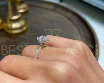 2.5 Carat Cushion Cut Moissanite Ring, 14k White Gold, Engagement Ring, 43 Round Side Diamonds, 4 Prong Hidden Halo Ring, D/VVS1