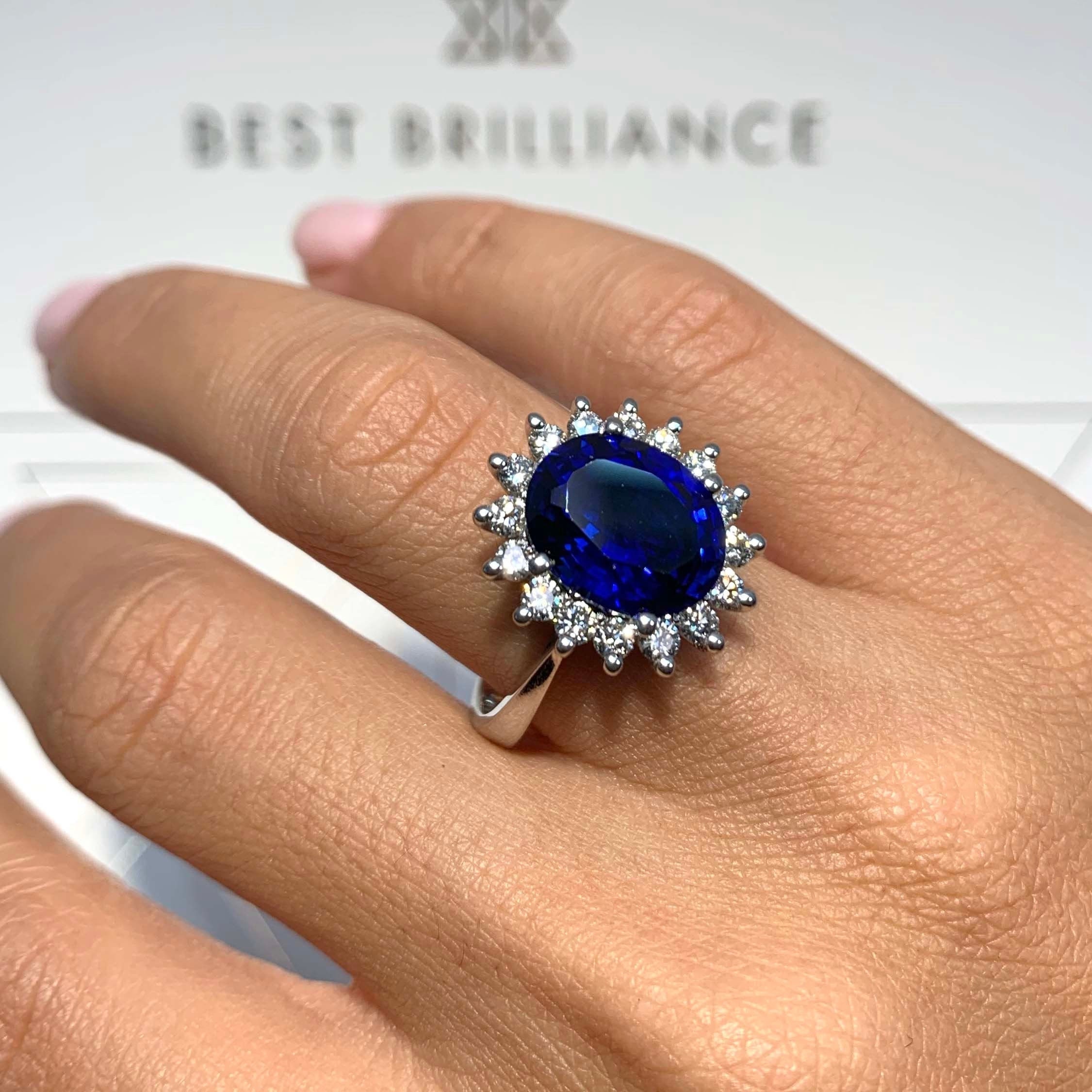 7 Carat Blue Sapphire Halo Diamond Engagement Ring 14k White Gold