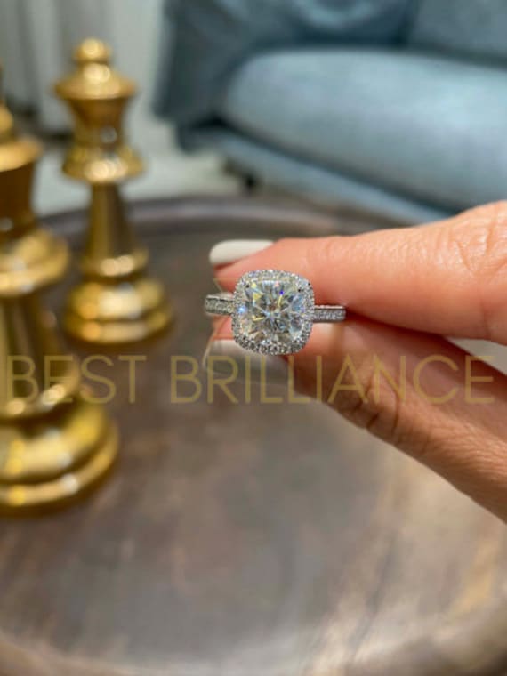 Modern Cushion High End Moissanite Real Halo Ring Valentine Gift