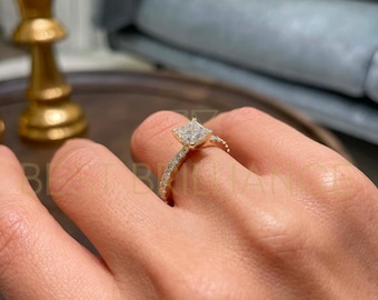 1.5 Carat Princess Cut Diamond Engagement Ring, Real Diamond, 14K Yellow Gold Ring, D VS1 Natural Diamond Engagement Ring, Certified Diamond