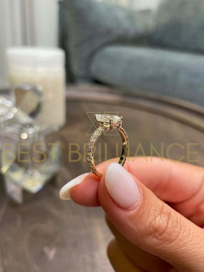 14K Yellow Gold Proposal Ring Pear Pave Style With 2 Carat Lab