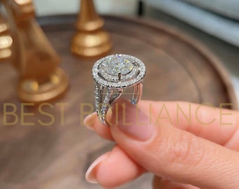 4 Carat Round Moissanite, Diamond Halo Engagement Ring, Moissanite Engagement Ring, Anniversary Rings, 14K White Gold, Natural Side Diamonds
