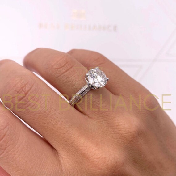 14K White Gold Luxury Engagement Ring Round Pave Style With 2.30