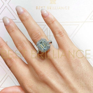 4 Carat D VVS1 Emerald Moissanite, Side Diamonds, Engagement Ring, 14K White Gold, Emerald Shaped, Moissanite Engagement Ring, Halo Design