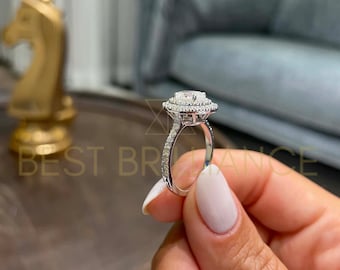 1.75 Carat, Diamond Engagement Ring, 14k Solid White Gold, Lab Grown Diamond, Oval Cut Double Halo Setting, Classic Proposal Ring for Her