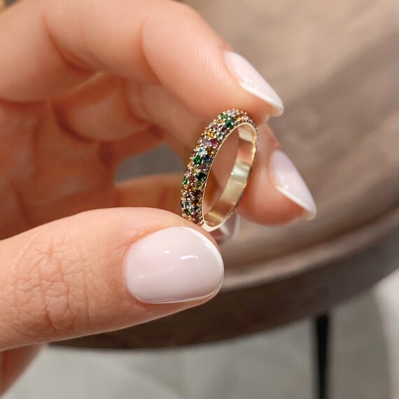 1.25 Carat Wedding Ring Rainbow Colors Thick Style Pave Wedding