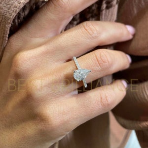 Engagement Ring style Pear Hidden Halo 14K White Gold with 2 Carat Lab Grown Diamond - Gorgeous proposal  Ring for your love