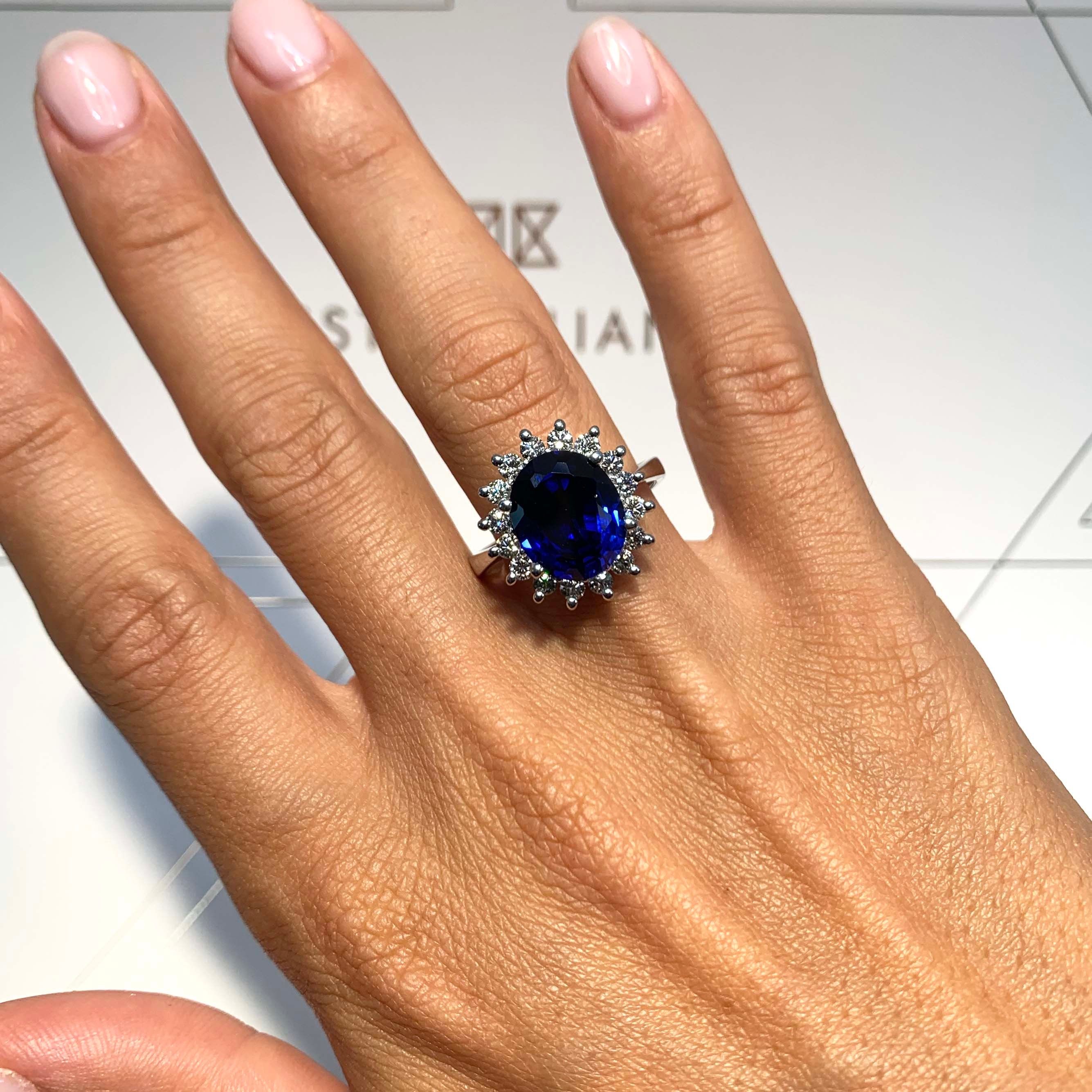 7 Carat Blue Sapphire Halo Diamond Engagement Ring 14k White Gold