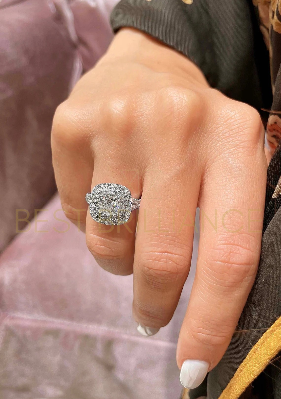 Engagement Ring 2.5 Carat Cushion Double Halo Style 14K White Gold