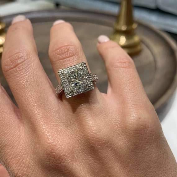 14K White Gold Hand Engraved Channel Set Princess Shape Diamond Engagement  Ring
