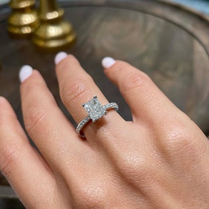 Elongated Diamond Engagement Ring, 14K White Gold, 1.8 Carat Radiant Shape, Pave Diamond Ring, Pave Ring, Radiant Shape, diamond ring image 2