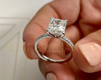 ゴージャスな 3.3 カラットのラディアント カット ダイヤモンド リング、14K ホワイト ゴールド、クラシック パヴェ スタイル ダイヤモンド エンゲージリング、4 プロング、天然採掘ダイヤモンド