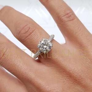 2.5 Carat Diamond Engagement Ring, Solid 14k Gold Ring, 3 Rows Pave Set & Hidden Halo Design Ring, Natural Round Cut, Promise Ring, E/VS1