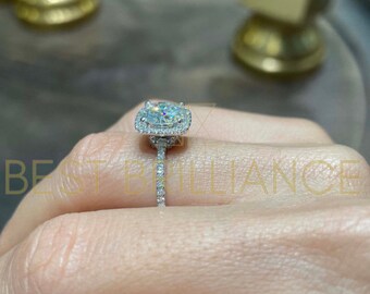 2.5 Carat Round Cut Moissanite, Diamond Halo Engagement Ring, Moissanite Engagement Ring, Anniversary Rings, 14K White Gold, Cushion Style
