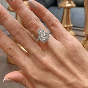 1.75 Ct, Diamond Engagement Ring, 14k Solid Gold, Natural Pear Cut Diamonds, Double Halo Ring, Promise Ring, Gifts for Her