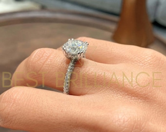 3,5 Karat Diamant-Verlobungsring, solider 14k Weißgoldring, versteckter Heiligenschein-Design, 8-zackiger Schmuck, runder Brilliantschliff, F-Farbe VS2 Klarheit