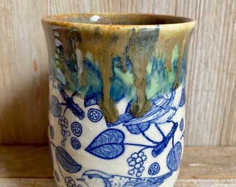 UK vase in royal blue featuring white swans Lovely Miniature Jill Pryke JP Pottery Studio England