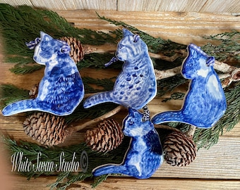 One Sitting cat ornament, blue and white, porcelain, delftware handmade USA