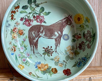 Quarter horse stoneware serving/pasta bowl with colorful florals. Farm animal themed bowl, handmade bowl, handmade, USA