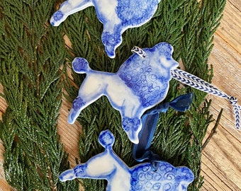 One Poodle ornament, delftware dog ornament, handmade porcelain dog ornament, blue and white, ceramic ornament.