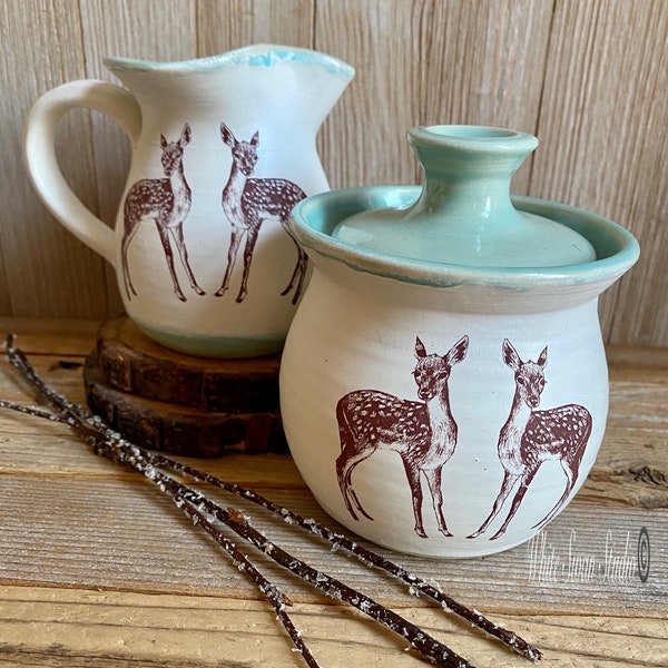 Fawn creamer and sugar set, deer small pitcher and sugar jar, woodland animal sugar bowl and creamer, handmade USA