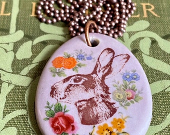 Wild hare pendant, rabbit necklace, egg shaped purple bunny porcelain focal piece, handmade USA.