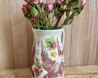 Tall barn swallow mug with roses oversized bird coffee cup, handmade mug, made in USA