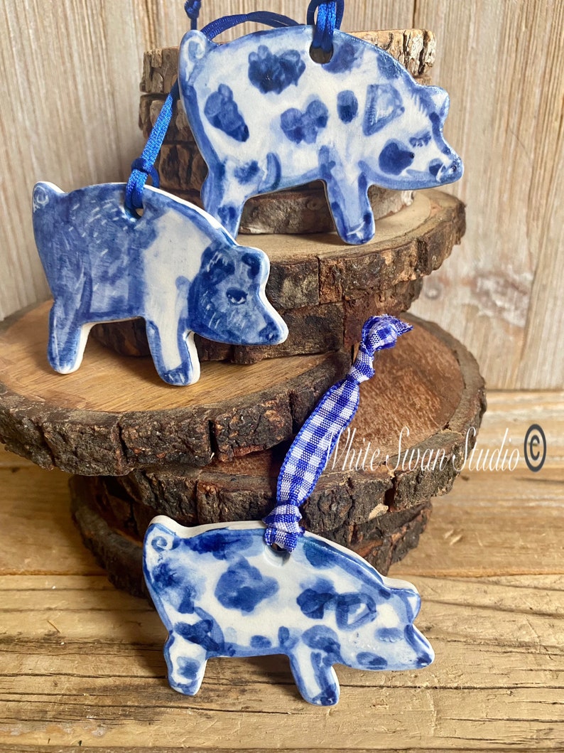 One Pig delftware, porcelain blue and white handmade ornaments. USA image 2